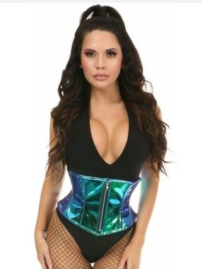 Top Drawer Teal/Blue Holo Steel Boned Mini Cincher Size Large Daisy Corsets